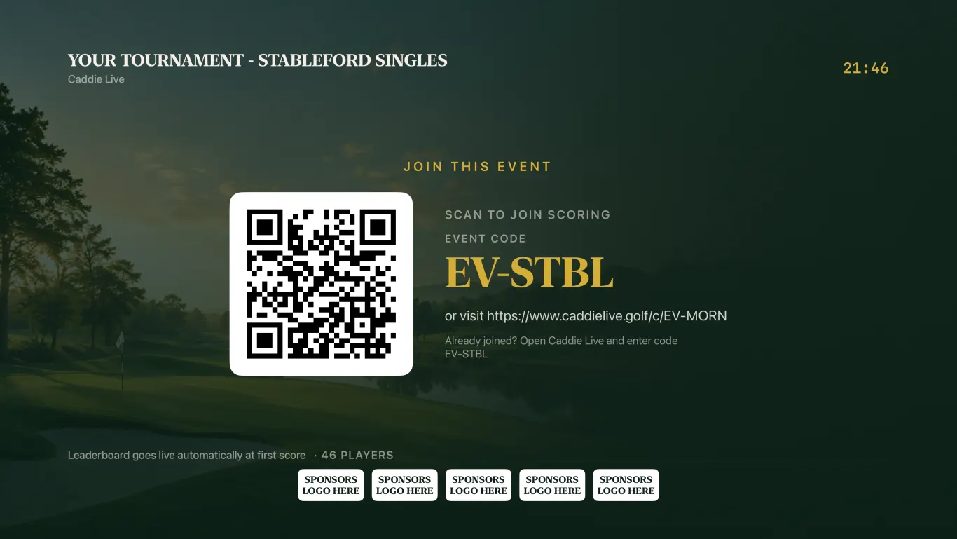 Caddie Live TV join screen with a QR code and event code for players to start scoring