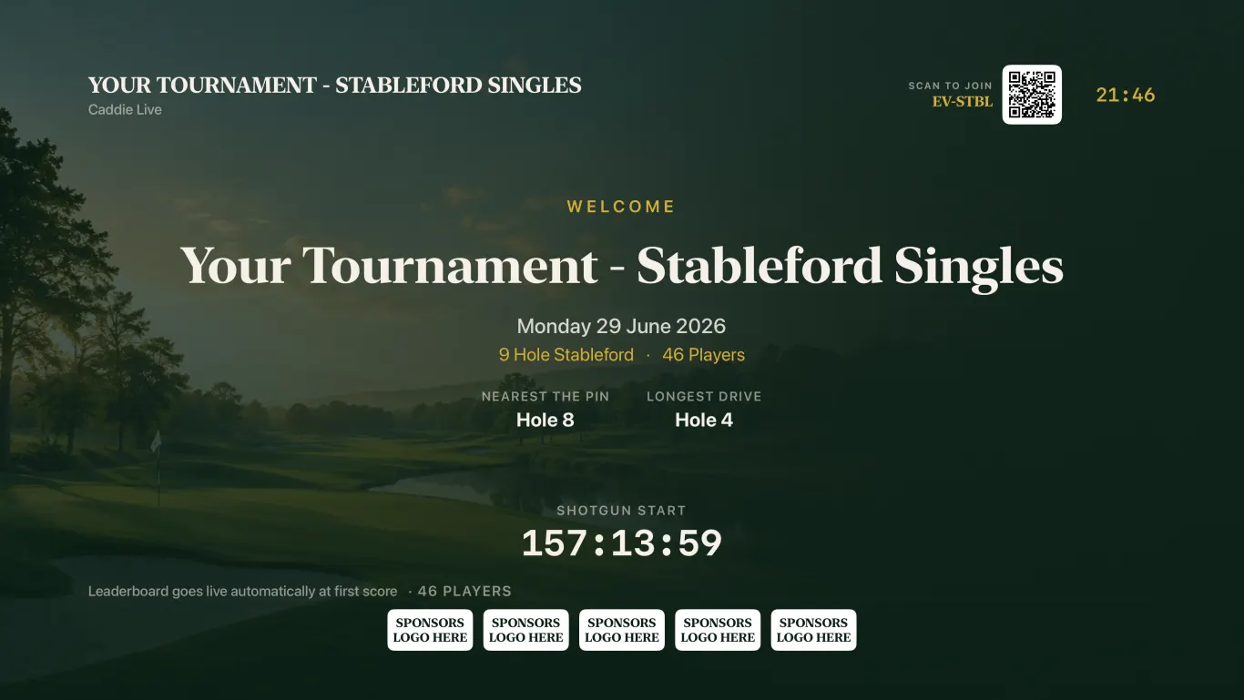 Caddie Live TV pre-event screen with tournament countdown and event information