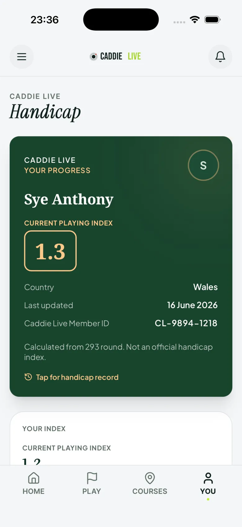 Caddie Live digital player card showing the Current Playing Index, with share and download-PDF options
