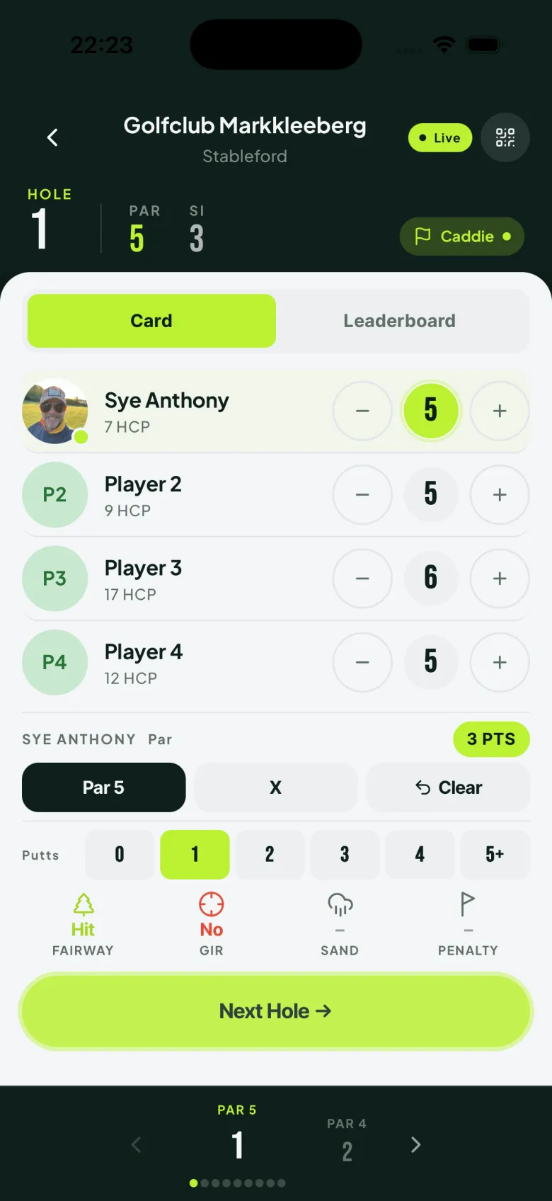 Caddie Live group scoring cockpit with hole-by-hole Stableford entry for four players