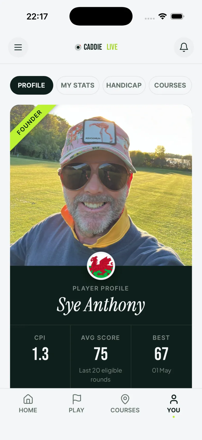 Caddie Live player card with photo, Current Playing Index, average and best score