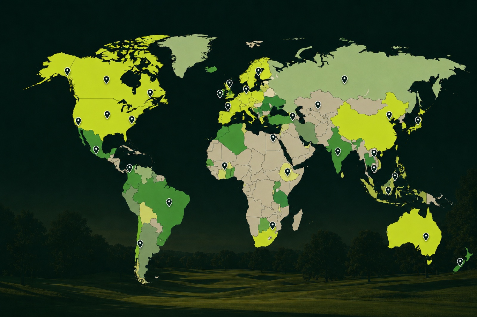 World map showing Caddie Live golf course coverage across major golf markets