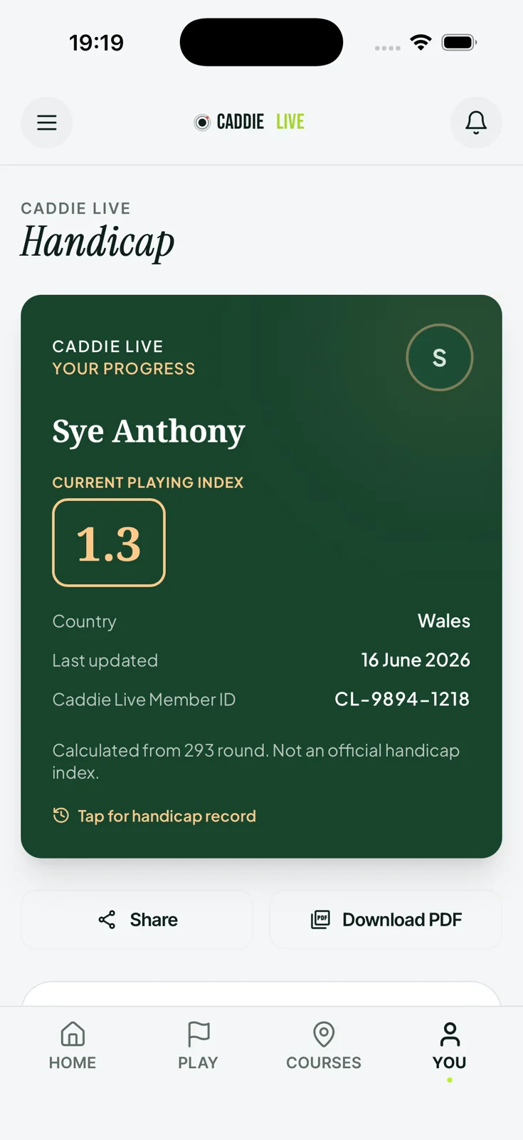 Shareable digital golf handicap card showing a Current Playing Index