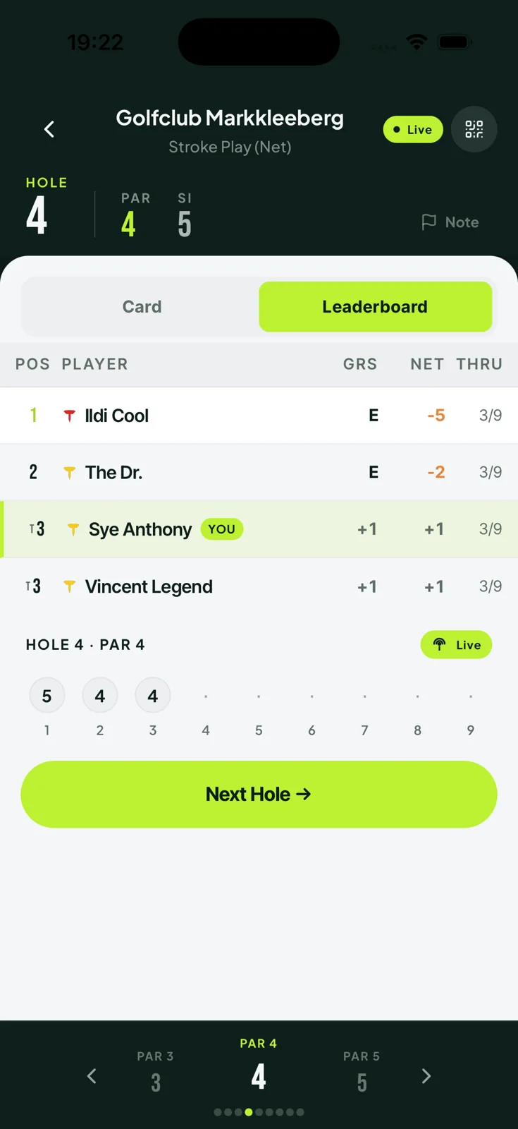 Live event leaderboard updating as scores come in on iPhone
